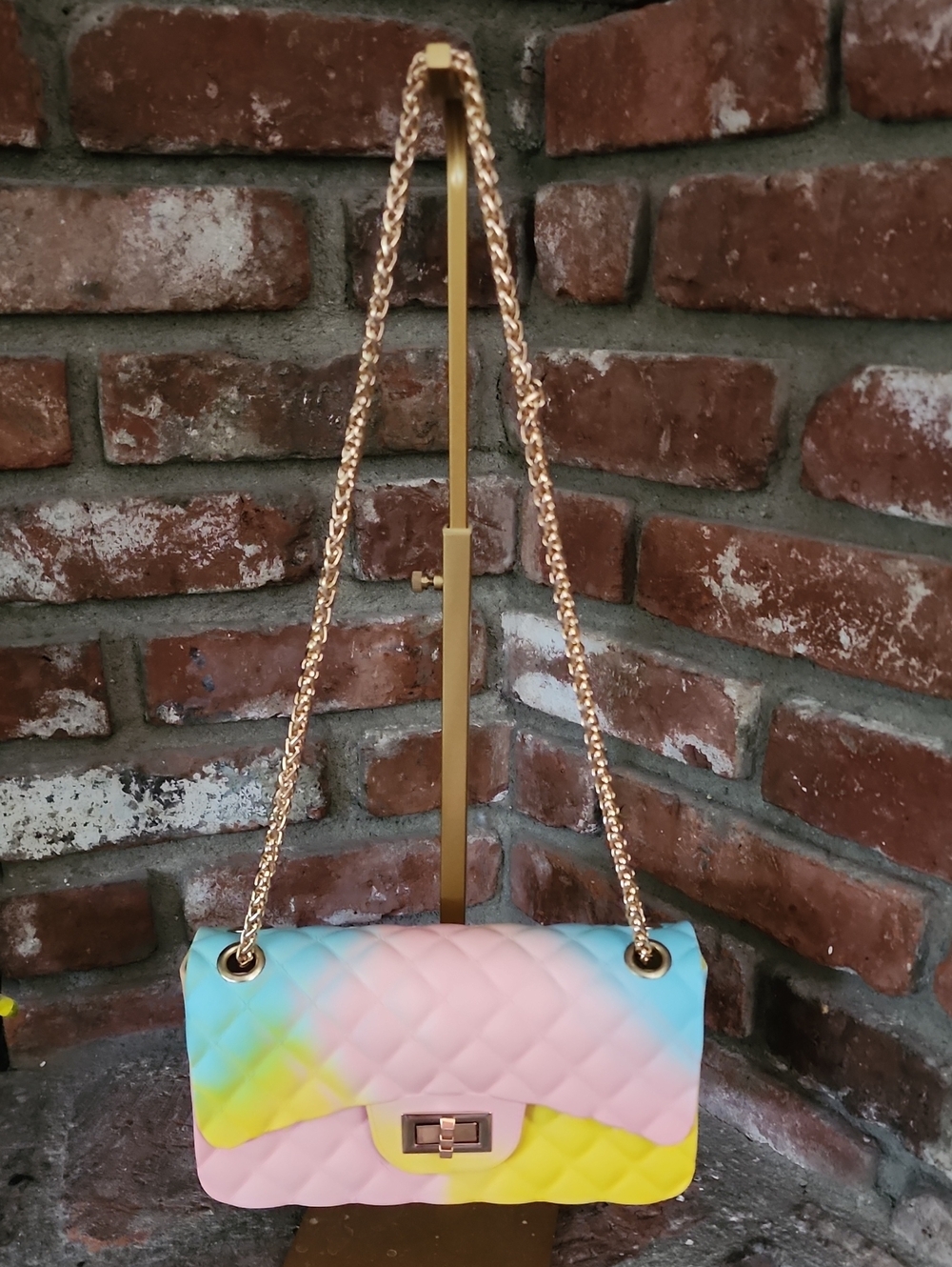 Pastel Quilted Chain Shoulder Bag in Pink, Blue & Yellow
